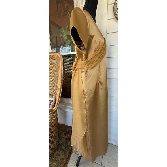 Vintage 60's Gold Satin Organza Formal Dress Rhinestones Bow Back M/L - Picture 10 of 16